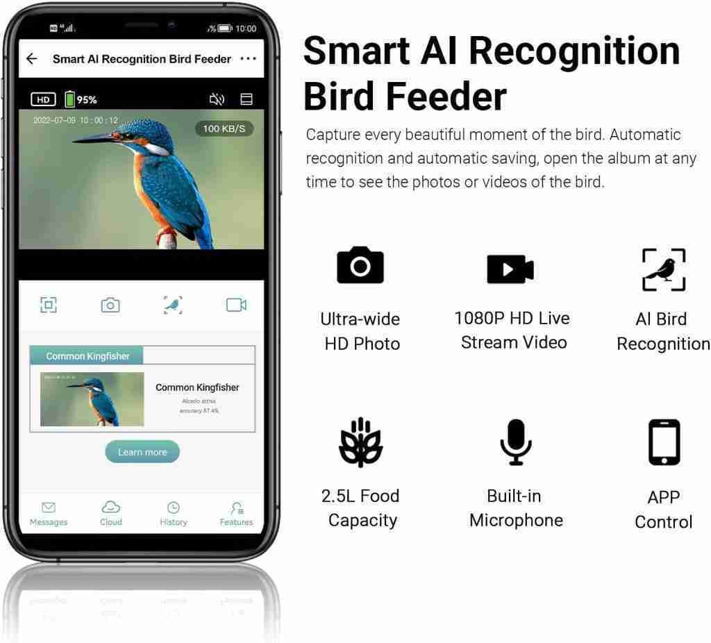 Dimgamo Smart Bird Feeder Camera,1080P HD Auto Capture Bird Video and Motion Detection,WiFi Link Smart Birdfeeder,APP Real-time Notification,AI Identify Bird Species,IP65 Waterproof,64G TF Cards. Dimgamo Smart Bird Feeder Camera,1080P HD Auto Capture Bird Video and Motion Detection,WiFi Link Smart Birdfeeder,APP Real-time Notification,AI Identify Bird Species,IP65 Waterproof,64G TF Cards.
