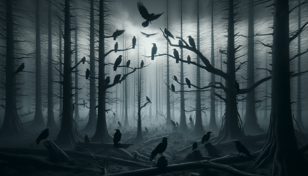 Mystic foggy forest with silhouettes of crows and bare trees.