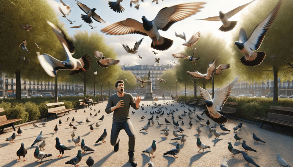 Man surprised by flock of pigeons in park