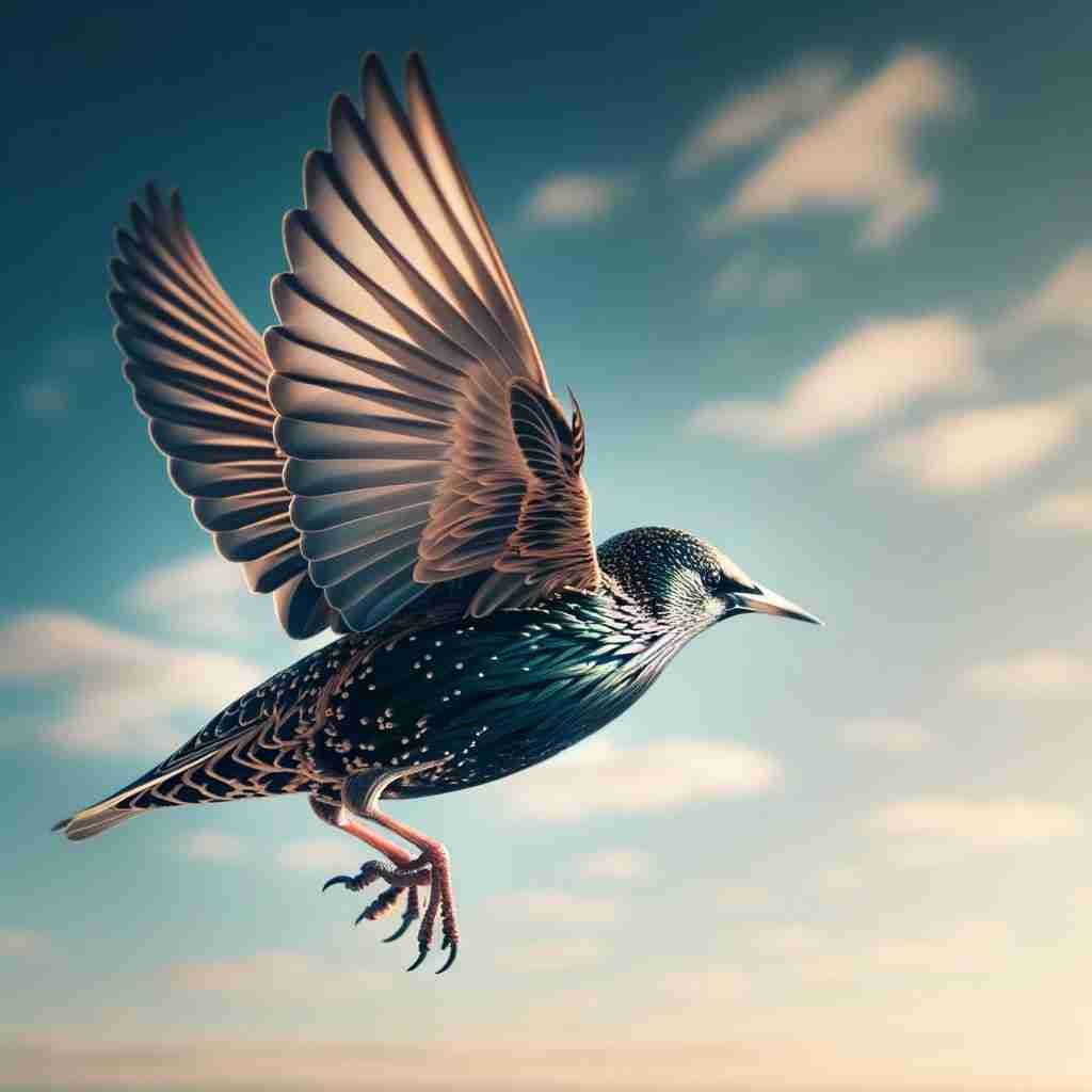 Starling in mid-flight against blue sky