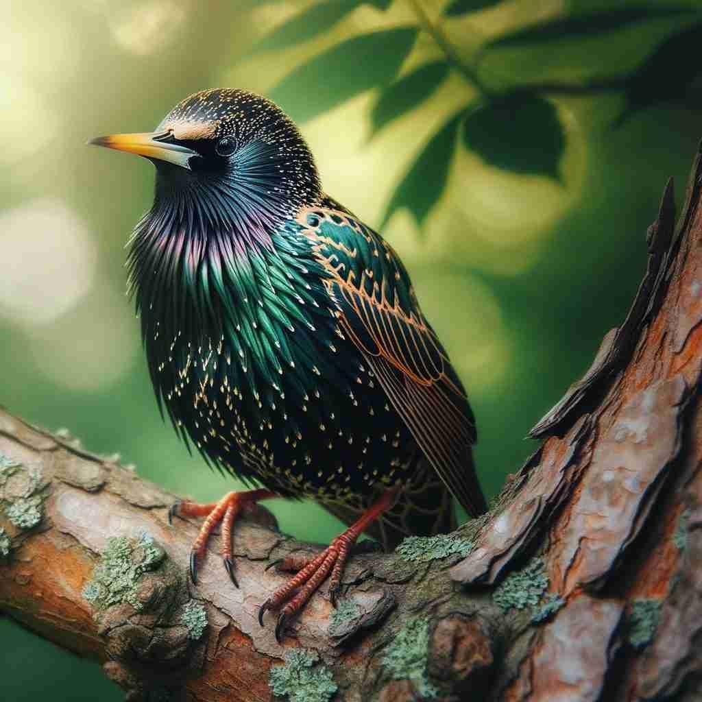 Starling bird perched on tree branch observing surroundings
