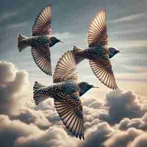 Three starlings in synchronized flight showing feather patterns