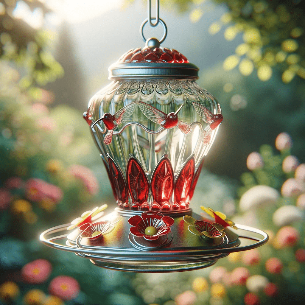 Detailed glass hummingbird feeder with red accents