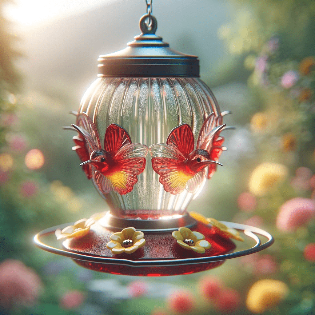 Detailed glass hummingbird feeder with red accents