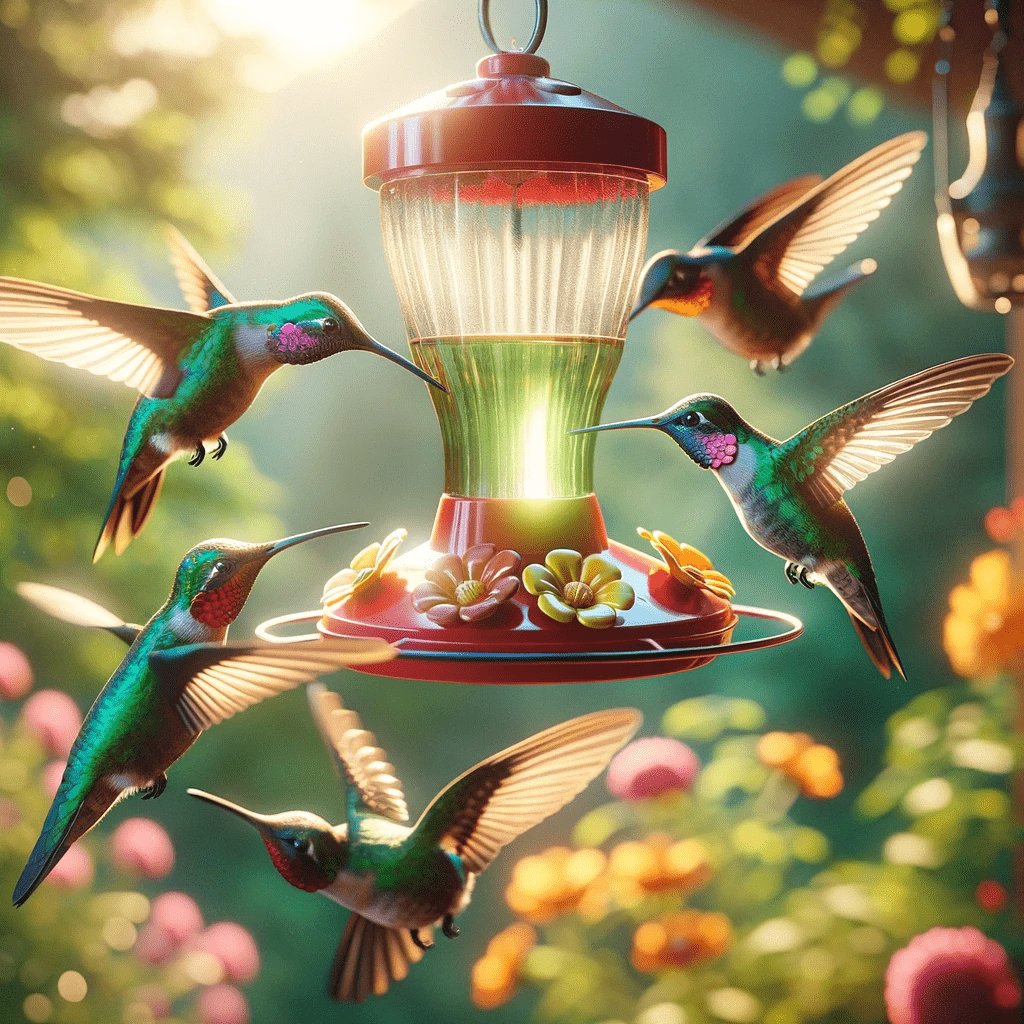 Hummingbirds feeding at brightly colored feeder