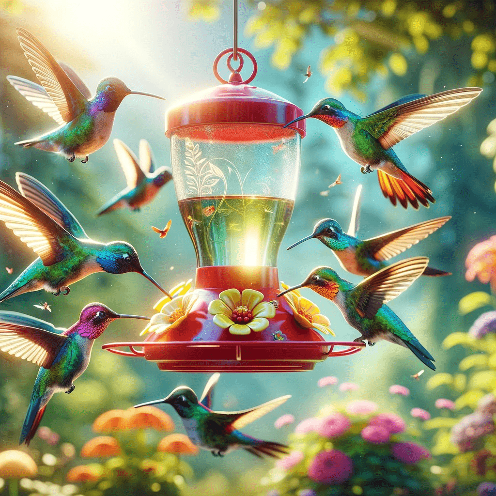 Photo-realistic scene with hummingbirds flying around a bright feeder