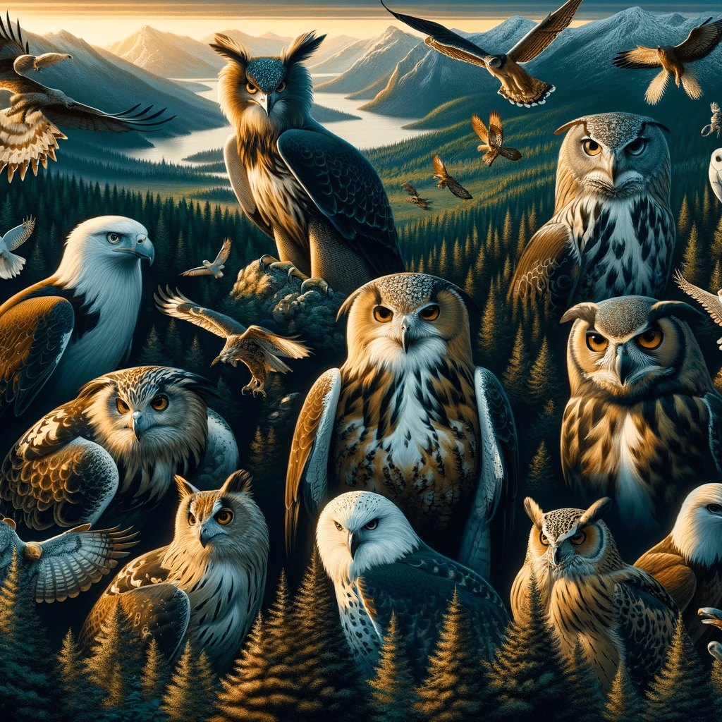 Raptors in natural habitats including eagle, hawk, owl, and falcon