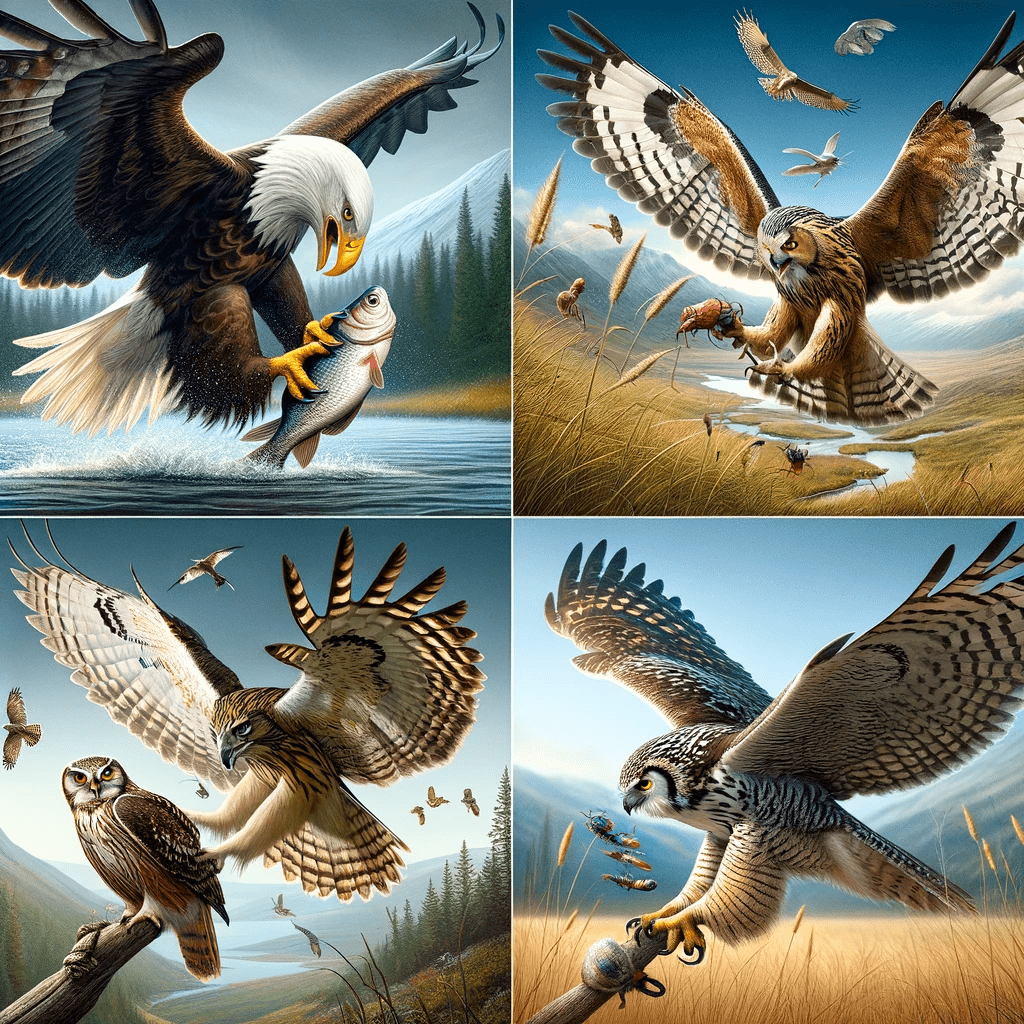 Eagle, hawk, owl and falcon illustrating raptor diets