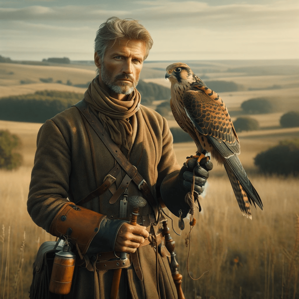 Falconer in traditional gear with falcon in open field