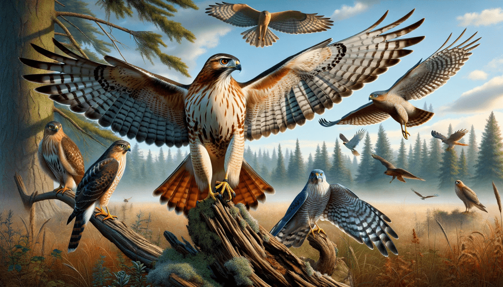 Various hawks in forest glade illustration.