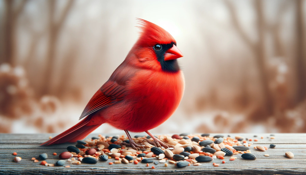 Northern Cardinal bird with seeds on wooden surface.