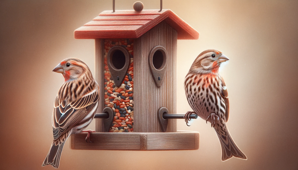 Two finches perched on a bird feeder with seeds.