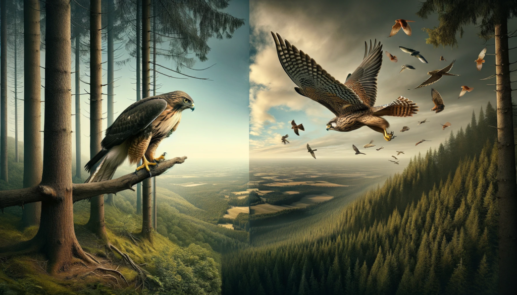 Hawks flying over lush forest landscape