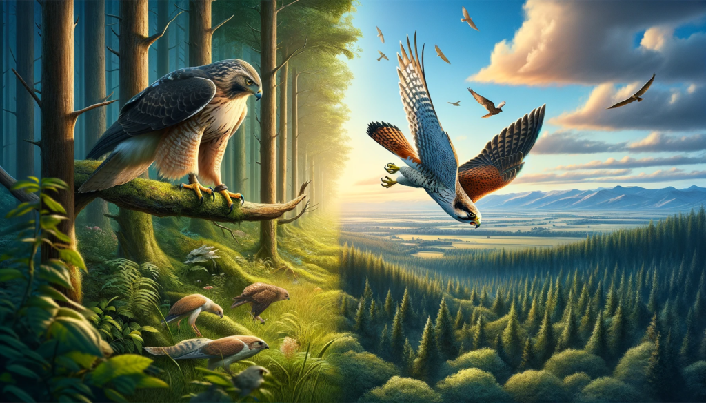 Hawks in forest, one flying, sunrise landscape.