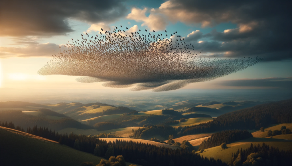 Murmuration over rolling hills at sunset.