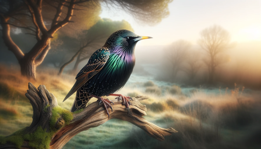 Starling perched on branch during misty sunrise.
