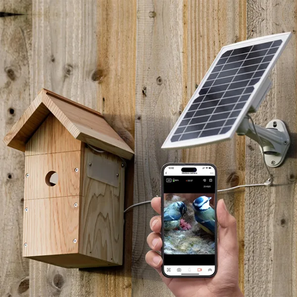 Solar-powered birdhouse with smartphone live-streaming birds inside.