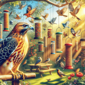 Hawk and songbirds at bird feeders in garden.