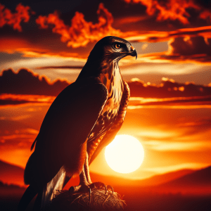 Golden eagle silhouette against vibrant sunset.
