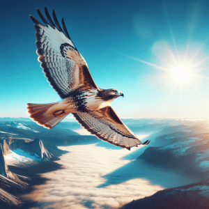 Majestic eagle soaring over sunlit mountain landscape