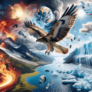 Surreal collage with eagle, diverse climates, and earth_elements.