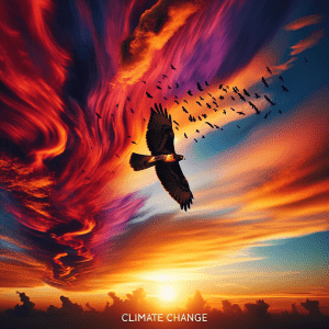Dramatic sunset with birds symbolizing climate change impact.