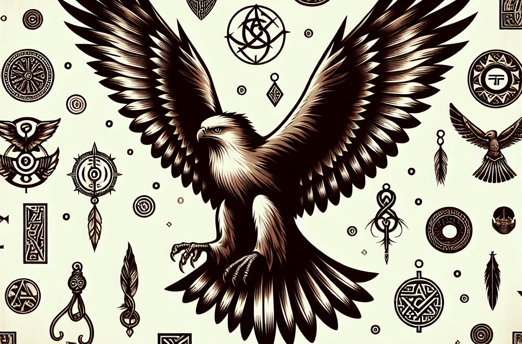 Illustration of eagle with tribal symbols background.