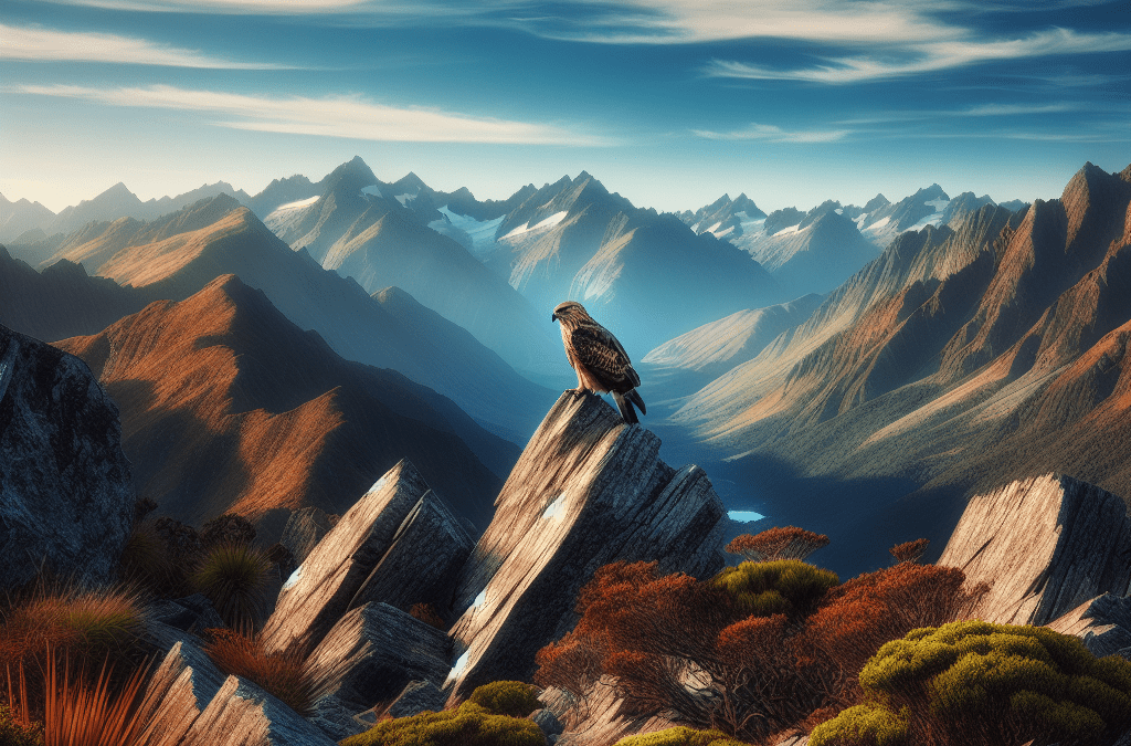 Eagle perched on mountain peak at sunrise.