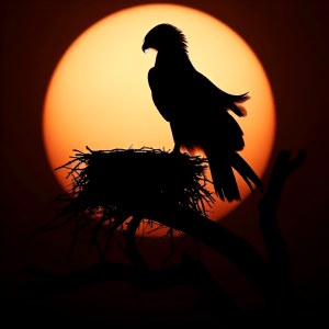 Eagle silhouette in nest against sunset background.
