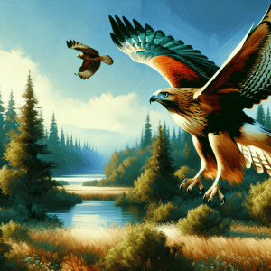 Majestic eagles flying over serene forest landscape.