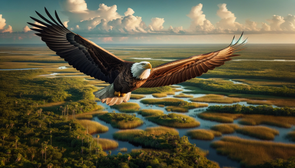 Bald eagle flying over wetlands at sunset