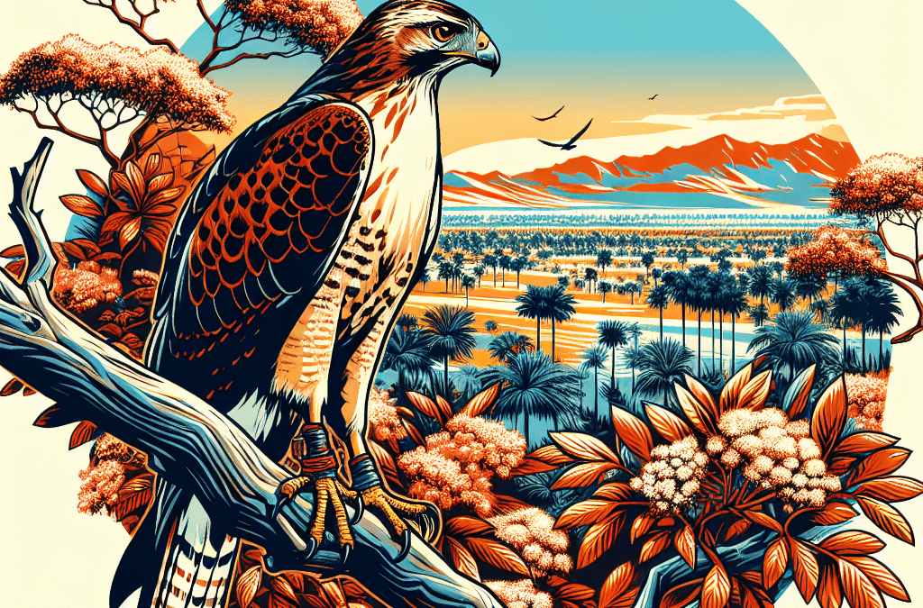 Illustration of hawk perched in vibrant, exotic landscape.
