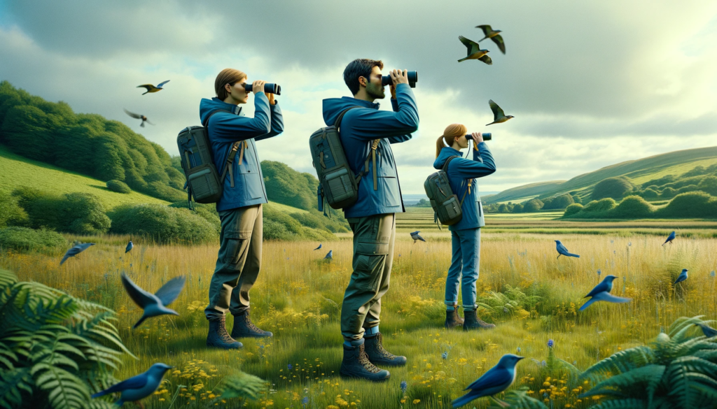 Birdwatchers in scenic green field with flying birds.