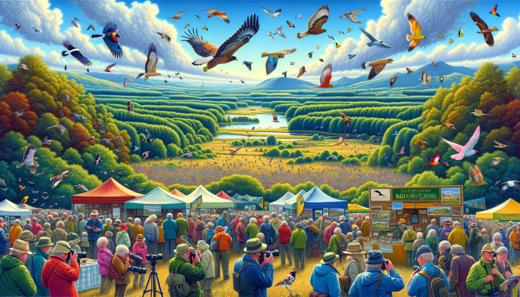 Vibrant birdwatching festival with flying birds and spectators outdoors.