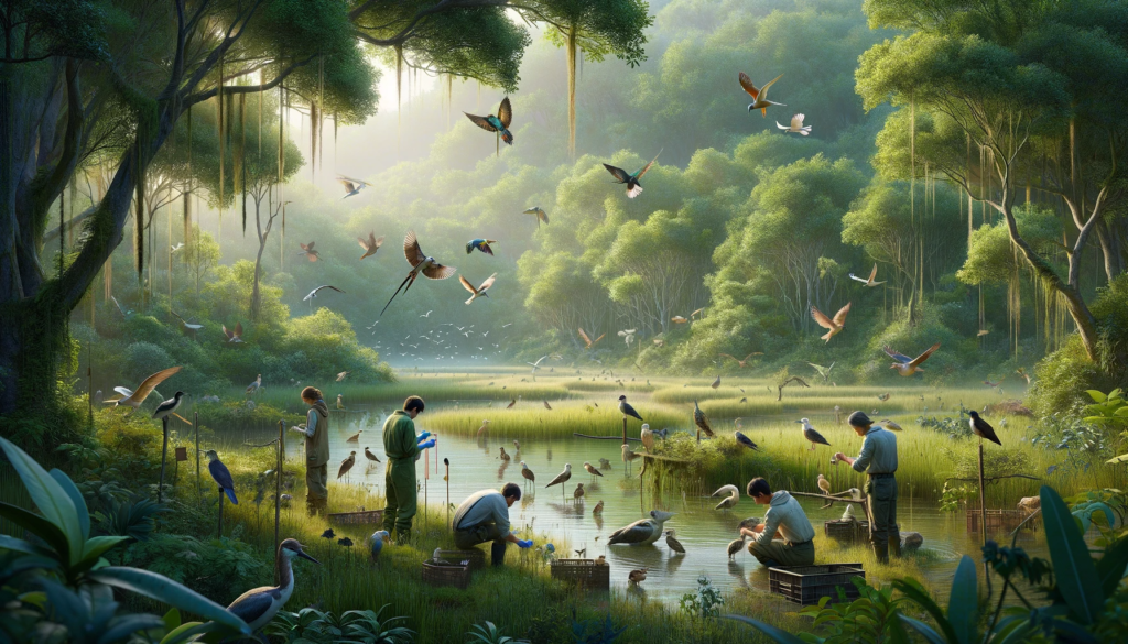 Enchanted forest with birds and people by waterfront.