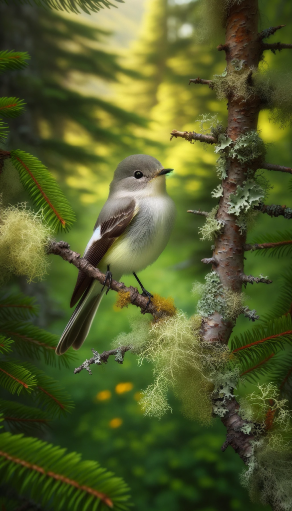 Bird perched on mossy branch in forest.