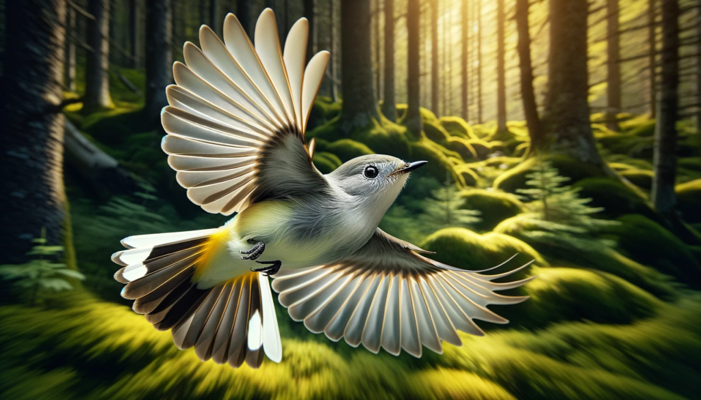 Majestic bird flying in sunlit forest