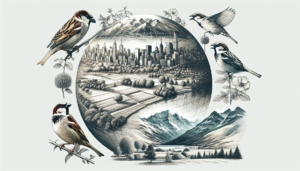 Illustration of birds, cityscape, and mountains within a globe.