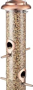 iBorn Copper Metal Wild Bird Feeder – Hanging Outdoor Feeder with Brushed Copper Finish, 14 Inch Size, 6 Ports (Seed not Included)