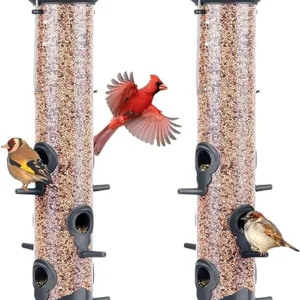 Kingsyard Outdoor Hanging Tube Bird Feeders – 2 Pack with 6 Feeding Ports, Premium Weatherproof Hard Plastic and Steel Hanger, Perfect for Attracting Wild Birds (Black)