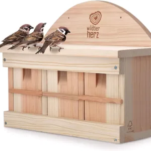 Three sparrows perched on wooden bird feeder.