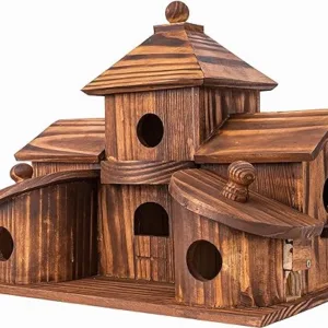Wooden multi-compartment birdhouse on white background.