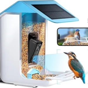 Solar-powered smart bird feeder with camera.