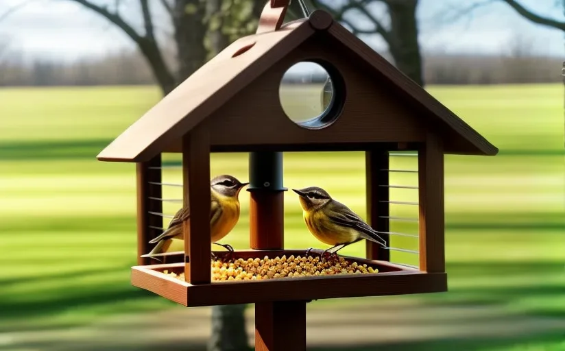 Two birds at wooden feeder in sunny park