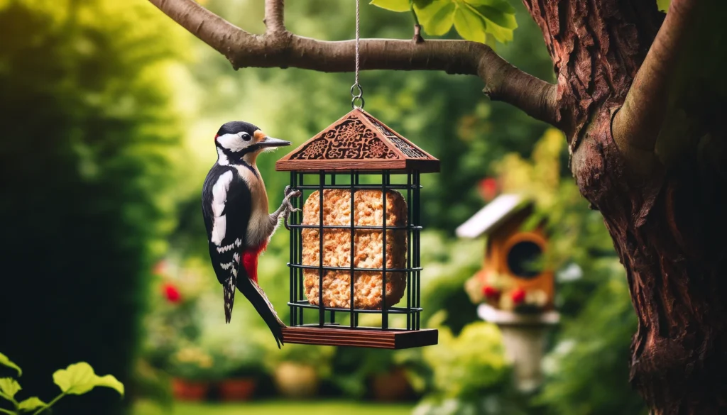 Woodpecker at garden bird feeder.