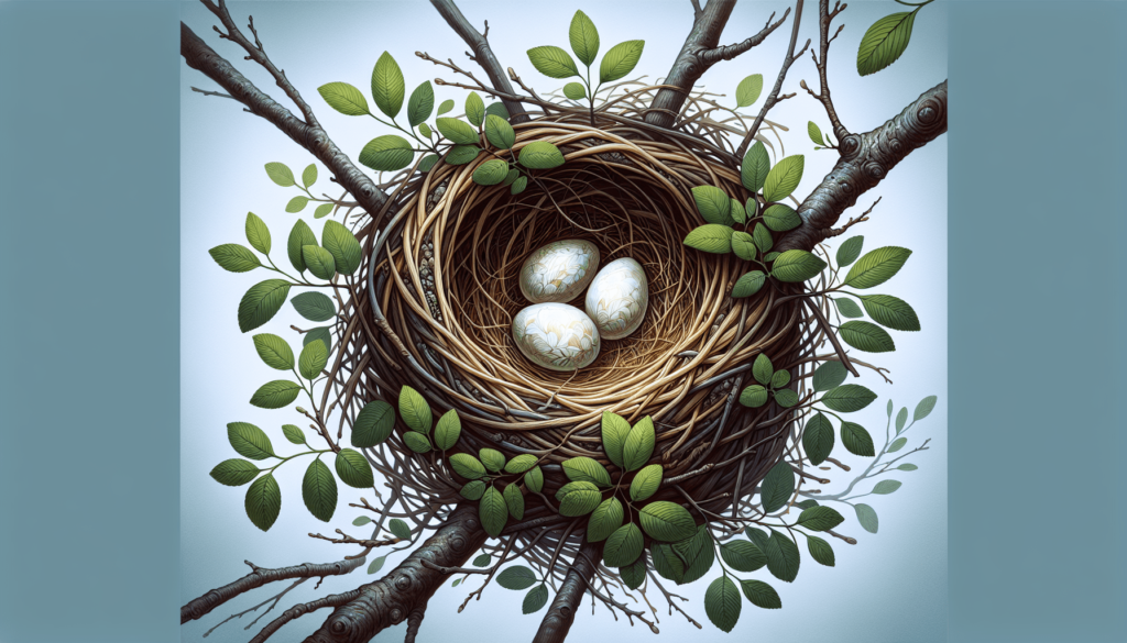 Bird's nest with three eggs on tree branch.