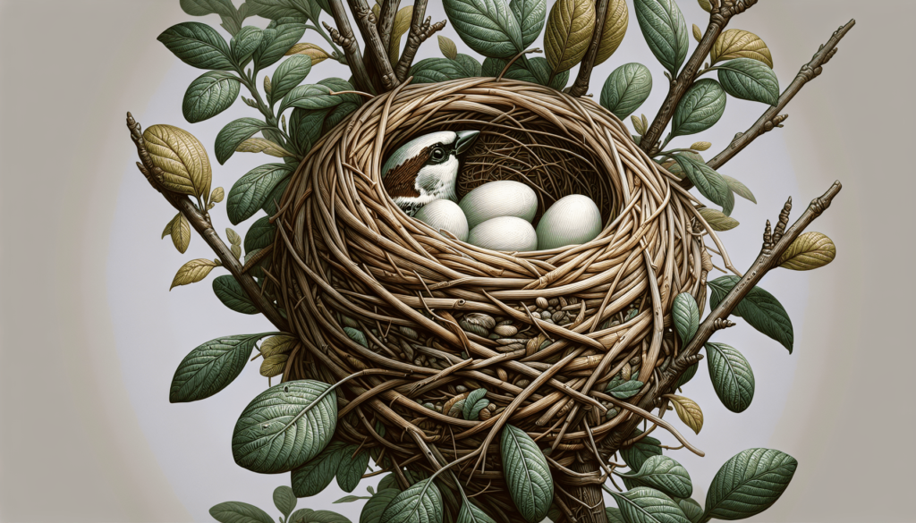Bird and eggs in intricately woven nest.