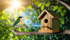 A colorful bird perched on a branch near a wooden birdhouse with digital Wi-Fi icons in the background, suggesting a smart technology theme.