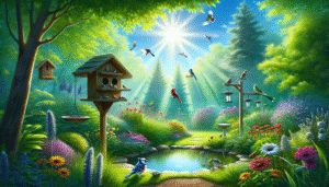 A serene garden oasis under the blazing summer sun, vividly transformed into a refuge for birds. Lush greenery and vibrant native flowers frame the scene, with various species of birds—cardinals, blue jays, and hummingbirds—finding solace among shaded birdbaths and feeders. The sky is a brilliant blue with the sun's rays casting soft, dappled light through the canopy of leaves. In the foreground, a small pond reflects the foliage and colorful blooms, while a cleverly designed birdhouse, equipped with cooling features, is perched nearby. The entire setting is infused with a sense of tranquility and respite, illustrating a perfect sanctuary for birds amidst a heatwave.
