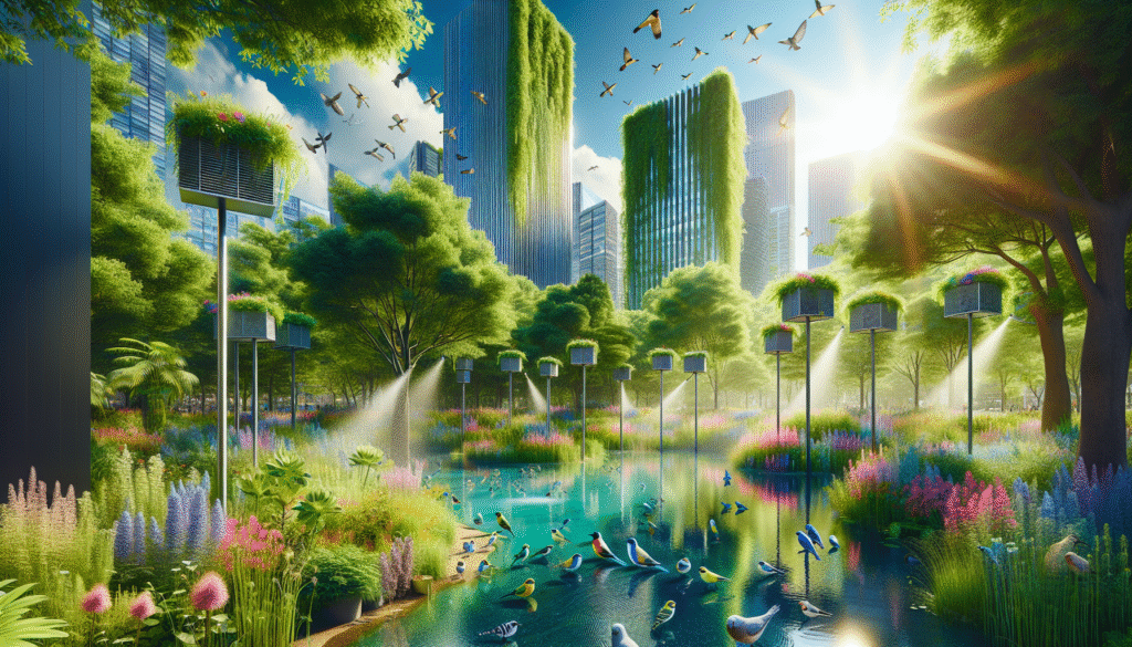 A lush, vibrant urban oasis specifically designed to protect birds from heatwaves; the scene is set in a bustling city park where towering, leafy green trees provide ample shade. Several innovative bird shelters are visible, featuring modern eco-design elements such as solar-reflective materials and water misting systems. Birds of various species, such as colorful songbirds and small raptors, are depicted resting and cooling off around a clear, sparkling water feature encircled by native flowering plants. In the background, modern city buildings rise against a clear blue sky, integrating seamlessly with the green space to symbolize harmony between urban development and wildlife conservation. Bright sunlight is softened by the foliage, casting gentle dappled shadows on the ground. The mood is serene and hopeful, emphasizing a proactive approach to climate adaptation.